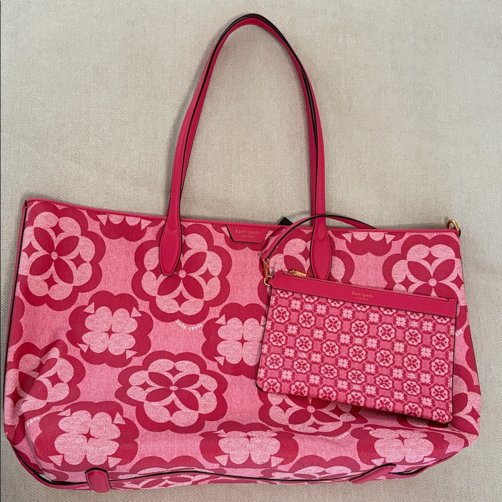 Kate Spade Flower Monogram Sutton Large Tote Raspberry Pink - Picture 7 of 9